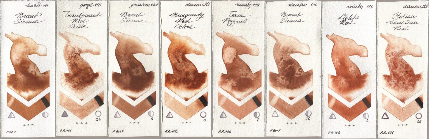 Holbein Artists Watercolor 134 Burnt Sienna, Golden QOR 455 Transparent Red Oxide, M. Graham & Co. Artists 020 Burnt Sienna, Daniel Smith 151 Burgundy Red Ochre, Roman Szmal Aquarius 119 Terra Pozzuoli, 010 Burnt Sienna, Winsor & Newton Professional 362 Light Red, 122 Italian Venetian R watercolor swatch