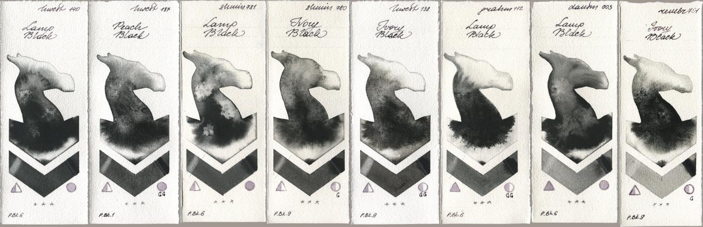 Holbein Artists Watercolor 140 Lamp Black, 137 Peach Black, Shminke Horadam Aquarell 781 Lamp Black, 780 Ivory Black, 138 Ivory Black, M. Graham & Co. Artists 112 Lamp Black, Daniel Smith 003 Lamp Black, Royal Talens Rembrandt Watercolour 701 Ivory Bla watercolor swatch