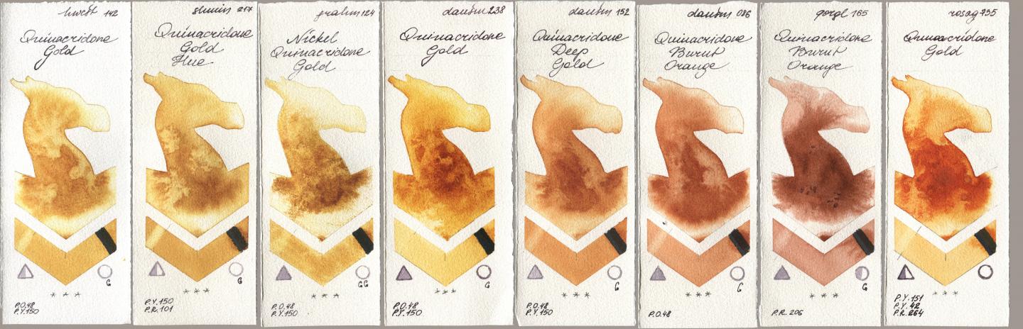 Holbein Artists Watercolor 142 Quinacridone Gold, Shminke Horadam Aquarell 217 Quinacridone Gold Hue, M. Graham & Co. Artists 124 Nickel Quinacridone Gold, Daniel Smith 238 Quinacridone Gold, 152 Quinacridone Deep Gold, 086 Quinacridone Burnt Orange, Golden QOR 165 Quinacridone Burnt Orange, Rosa Gallery 735 Quinacridone Go watercolor swatch