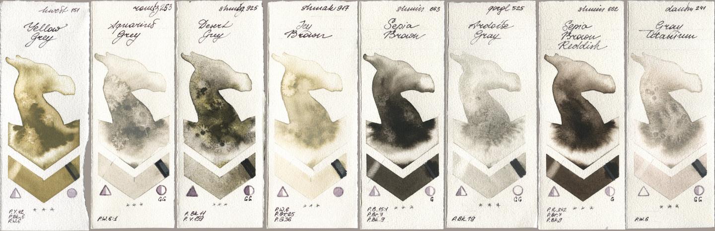 Holbein Artists Watercolor 151 Yellow Grey, Roman Szmal Aquarius 253 Aquarius Grey, Shminke Horadam Aquarell 925 Desert Grey, Shminke Akademie Aquarell 917 Icy Brown, 663 Sepia Brown, Golden QOR 525 Ardoise Gray, 662 Sepia Brown Reddish, Daniel Smith 241 Gray Titani watercolor swatch