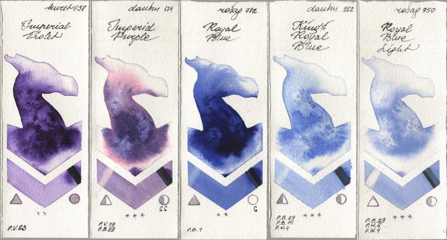 Kuretake Gansai Tambi 038 Imperial Violet, Daniel Smith 174 Imperial Purple, Rosa Gallery 782 Royal Blue, 252 King’s Royal Blue, 750 Royal Blue Lig watercolor swatch