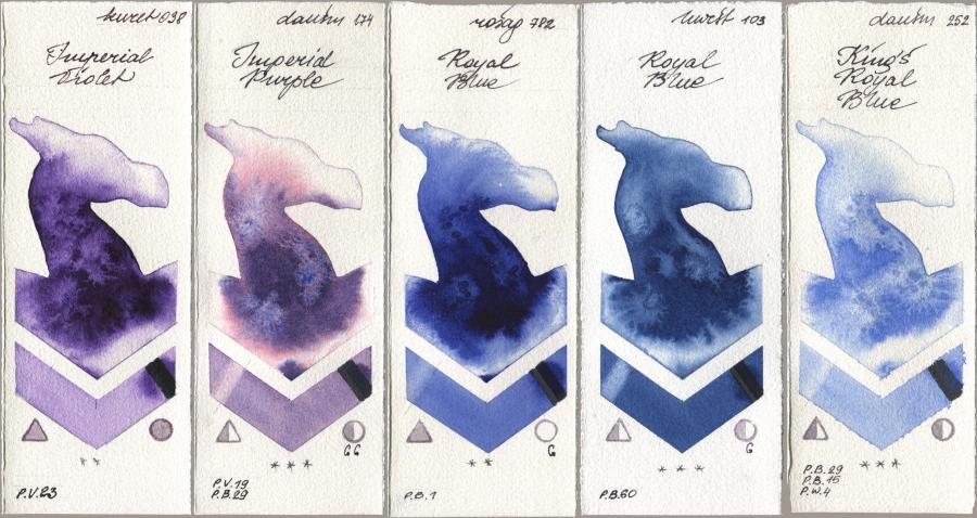 Kuretake Gansai Tambi 038 Imperial Violet, Daniel Smith 174 Imperial Purple, Rosa Gallery 782 Royal Blue, Holbein Artists Watercolor 103 Royal Blue, 252 King’s Royal Bl watercolor swatch