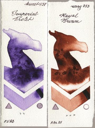 Kuretake Gansai Tambi 038 Imperial Violet vs Rosa Gallery 753 Royal Brown watercolor swatch