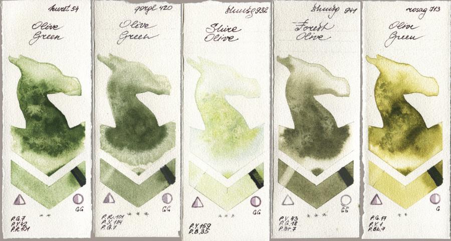 Kuretake Gansai Tambi 054 Olive Green, Golden QOR 420 Olive Green, Shminke Horadam Aquarell 932 Shire Olive, 941 Forest Olive, Rosa Gallery 713 Olive Gre watercolor swatch