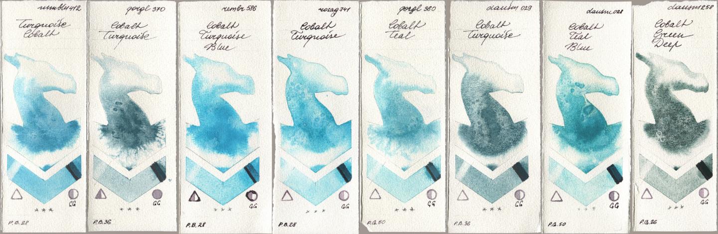Maimeri Blu 412 Turquoise Cobalt, Golden QOR 370 Cobalt Turquoise, Royal Talens Rembrandt Watercolour 586 Cobalt Turquoise Blue, Rosa Gallery 741 Cobalt Turquoise, 360 Cobalt Teal, Daniel Smith 029 Cobalt Turquoise, 028 Cobalt Teal Blue, 258 Cobalt Green De watercolor swatch