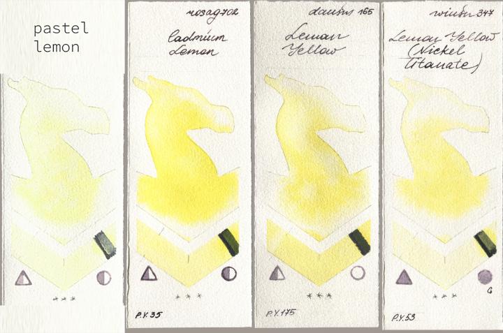 my 023 pastel lemon, Rosa Gallery 702 Cadmium Lemon, Daniel Smith 165 Lemon Yellow, Winsor & Newton Professional 347 Lemon Yellow (Nickel Titanat watercolor swatch