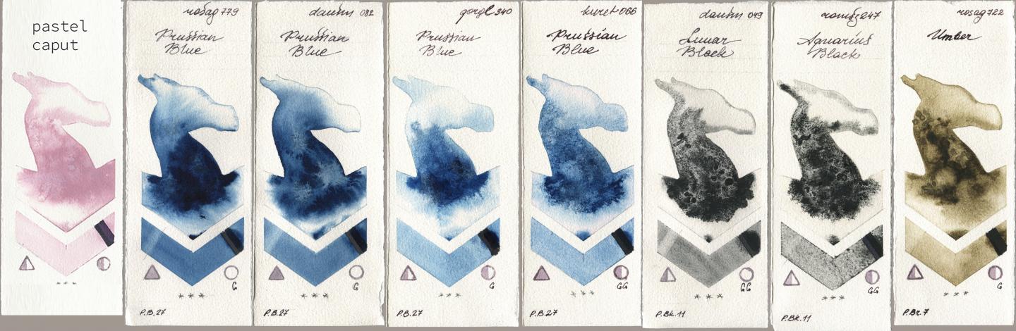 my 035 pastel caput, Rosa Gallery 779 Prussian Blue, Daniel Smith 082 Prussian Blue, Golden QOR 340 Prussian Blue, Kuretake Gansai Tambi 066 Prussian Blue, 049 Lunar Black, Roman Szmal Aquarius 247 Aquarius Black, 722 Umb watercolor swatch