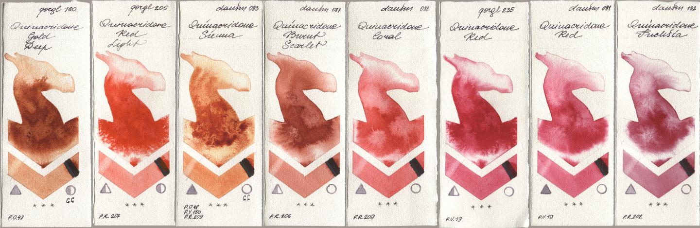 Golden QOR 160 Quinacridone Gold Deep, 205 Quinacridone Red Light, Daniel Smith 093 Quinacridone Sienna, 087 Quinacridone Burnt Scarlet, 088 Quinacridone Coral, 235 Quinacridone Red, 091 Quinacridone Red, 132 Quinacridone Fuchs watercolor swatch
