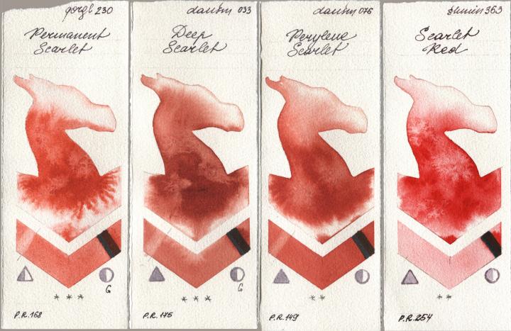 Golden QOR 230 Permanent Scarlet, Daniel Smith 033 Deep Scarlet, 076 Perylene Scarlet, Shminke Horadam Aquarell 363 Scarlet R watercolor swatch