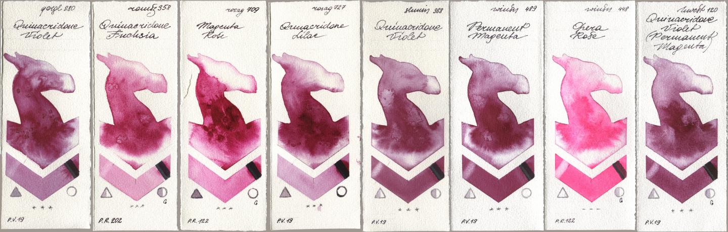 Golden QOR 280 Quinacridone Violet, Roman Szmal Aquarius 358 Quinacridone Fuchsia, Rosa Gallery 709 Magenta Rose, 727 Quinacridone Lilac, Shminke Horadam Aquarell 368 Quinacridone Violet, Winsor & Newton Professional 489 Permanent Magenta, 448 Opera Rose, Holbein Artists Watercolor 120 Quinacridone Violet (Permanent Magent watercolor swatch