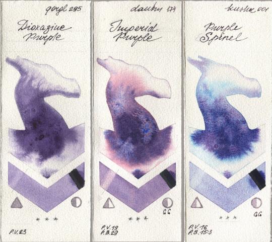 Golden QOR 295 Dioxazine Purple, Daniel Smith 174 Imperial Purple, Kusakabe 001 Purple Spin watercolor swatch