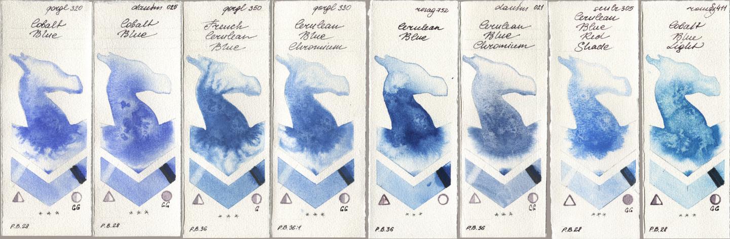 Golden QOR 320 Cobalt Blue, Daniel Smith 025 Cobalt Blue, 350 French Cerulean Blue, 330 Cerulean Blue, Chromium, Rosa Gallery 752 Cerulean Blue, 021 Cerulean Blue Chromium, Sennelier l Aquarelle 305 Cerulean Blue Red Shade, Roman Szmal Aquarius 411 Cobalt Blue Lig watercolor swatch