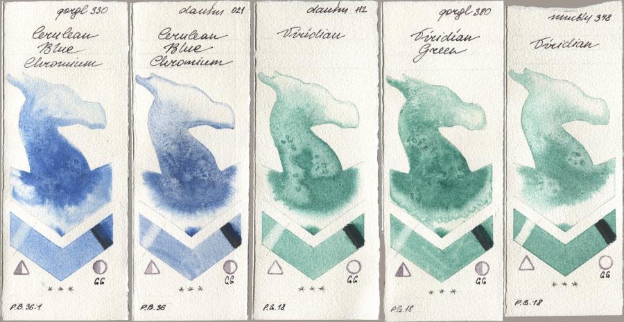 Golden QOR 330 Cerulean Blue, Chromium, Daniel Smith 021 Cerulean Blue Chromium, 112 Viridian, 380 Viridian Green, Maimeri Blu 348 Viridi watercolor swatch