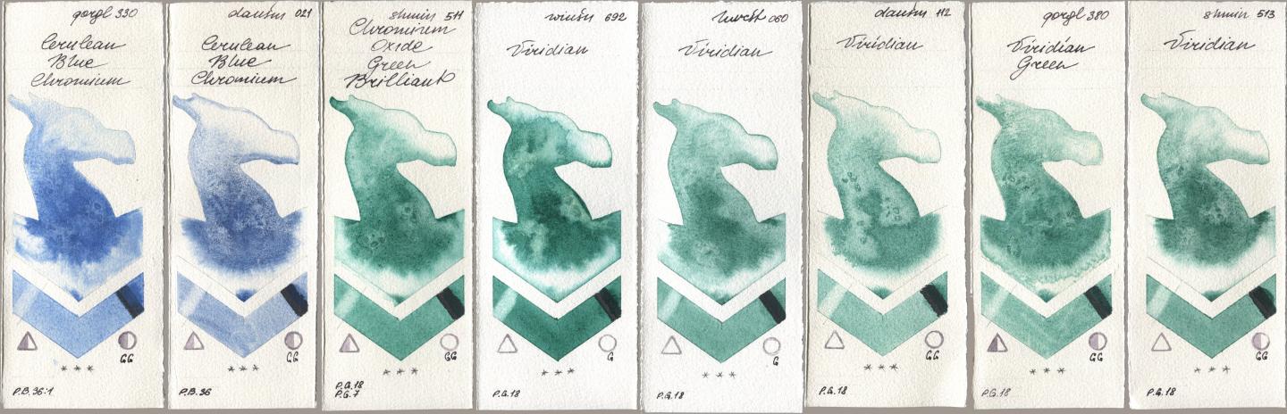 Golden QOR 330 Cerulean Blue, Chromium, Daniel Smith 021 Cerulean Blue Chromium, Shminke Horadam Aquarell 511 Chromium Oxide Green Brilliant, Winsor & Newton Professional 692 Viridian, Holbein Artists Watercolor 060 Viridian, 112 Viridian, 380 Viridian Green, 513 Viridi watercolor swatch
