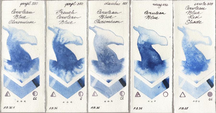 Golden QOR 330 Cerulean Blue, Chromium, 350 French Cerulean Blue, Daniel Smith 021 Cerulean Blue Chromium, Rosa Gallery 752 Cerulean Blue, Sennelier l Aquarelle 305 Cerulean Blue Red Sha watercolor swatch