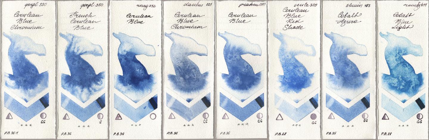 Golden QOR 330 Cerulean Blue, Chromium, 350 French Cerulean Blue, Rosa Gallery 752 Cerulean Blue, Daniel Smith 021 Cerulean Blue Chromium, M. Graham & Co. Artists 080 Cerulean Blue, Sennelier l Aquarelle 305 Cerulean Blue Red Shade, Shminke Horadam Aquarell 483 Cobalt Azure, Roman Szmal Aquarius 411 Cobalt Blue Lig watercolor swatch