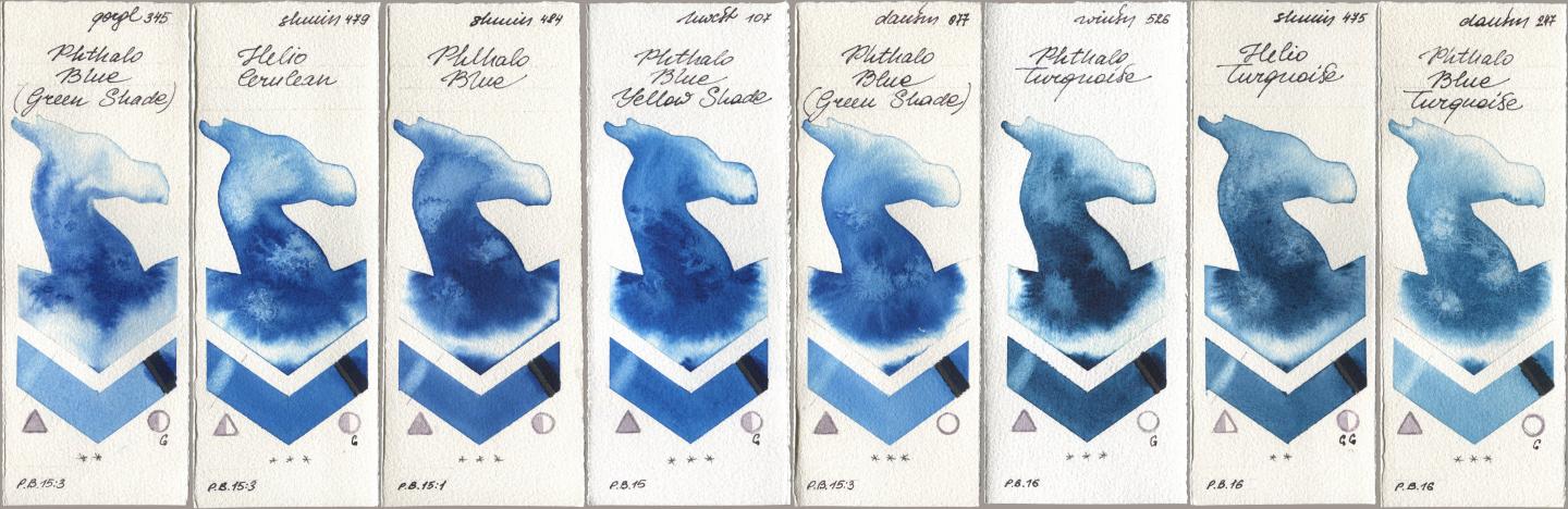 Golden QOR 345 Phthalo Blue (Green Shade), Shminke Horadam Aquarell 479 Helio Cerulean, 484 Phthalo Blue, Holbein Artists Watercolor 107 Phthalo Blue Yellow Shade, Daniel Smith 077 Phthalo Blue (Green Shade), Winsor & Newton Professional 526 Phthalo Turquoise, 475 Helio Turquoise, 247 Phthalo Blue Turquoi watercolor swatch
