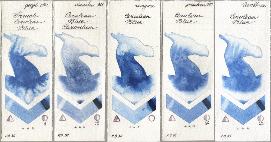 Golden QOR 350 French Cerulean Blue, Daniel Smith 021 Cerulean Blue Chromium, Rosa Gallery 752 Cerulean Blue, M. Graham & Co. Artists 080 Cerulean Blue, Holbein Artists Watercolor 092 Cerulean Bl watercolor swatch