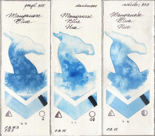 Golden QOR 355 Manganese Blue, Daniel Smith 051 Manganese Blue Hue, Winsor & Newton Professional 379 Manganese Blue H watercolor swatch