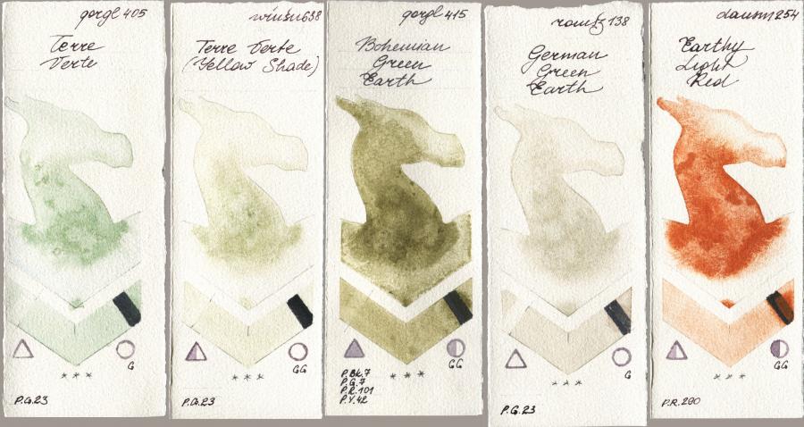 Golden QOR 405 Terre Verte, Winsor & Newton Professional 638 Terre Verte (Yellow Shade), 415 Bohemian Green Earth, Roman Szmal Aquarius 138 German Green Earth, Daniel Smith 254 Earthy Light R watercolor swatch