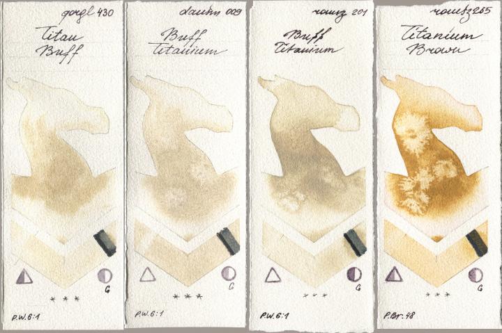 Golden QOR 430 Titan Buff, Daniel Smith 009 Buff Titanium, Roman Szmal Aquarius 201 Buff Titanium, 265 Titanium Bro watercolor swatch
