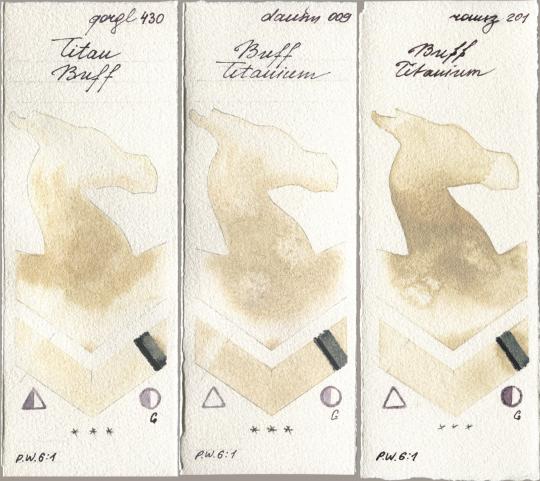Golden QOR 430 Titan Buff, Daniel Smith 009 Buff Titanium, Roman Szmal Aquarius 201 Buff Titani watercolor swatch