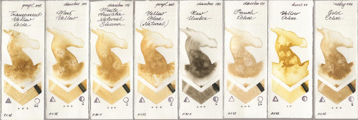 Golden QOR 445 Transparent Yellow Oxide, Daniel Smith 054 Mars Yellow, 056 Monte Amiata Natural Sienna, 440 Yellow Ochre (Natural), 097 Raw Umber, 134 French Ochre, Kuretake Gansai Tambi 044 Yellow Ochre, Rosa Gallery 772 Gold Och watercolor swatch