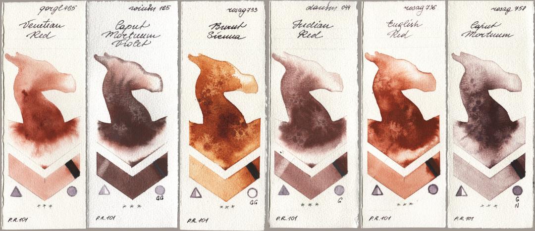 Golden QOR 465 Venetian Red, Winsor & Newton Professional 125 Caput Mortuum Violet, Rosa Gallery 733 Burnt Sienna, Daniel Smith 044 Indian Red, 736 English Red, 758 Caput Mortu watercolor swatch