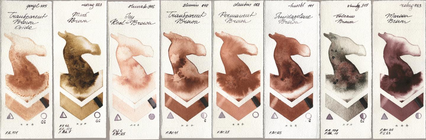 Golden QOR 475 Transparent Brown Oxide, Rosa Gallery 723 Mars Brown, Shminke Akademie Aquarell 916 Icy Red-Brown, Shminke Horadam Aquarell 648 Transparent Brown, Daniel Smith 068 Permanent Brown, Holbein Artists Watercolor 141 Imidazolone Brown, 915 Volcano Brown, 763 Maroon Bro watercolor swatch