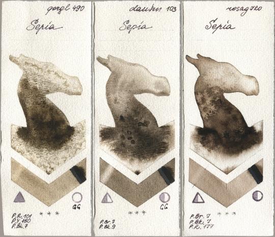 Golden QOR 490 Sepia, Daniel Smith 103 Sepia, Rosa Gallery 720 Sep watercolor swatch