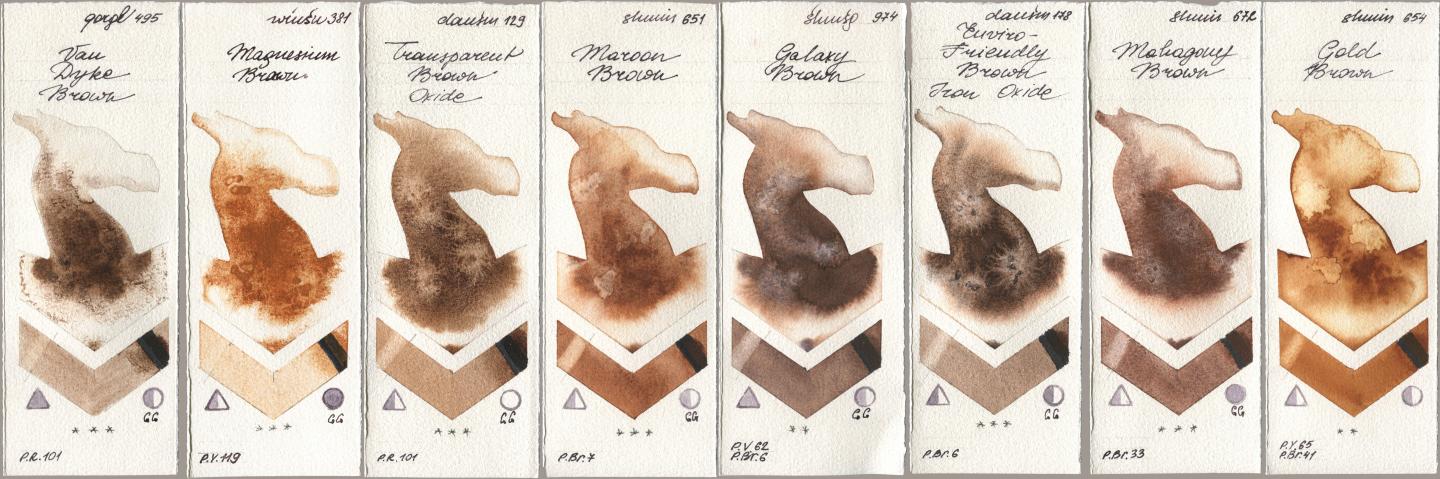 Golden QOR 495 Van Dyke Brown, Winsor & Newton Professional 381 Magnesuim Brown, Daniel Smith 129 Transparent Brown Oxide, Shminke Horadam Aquarell 651 Maroon Brown, 974 Galaxy Brown, 178 Enviro-Friendly Brown Iron Oxide, 672 Mahagony Brown, 654 Gold Bro watercolor swatch