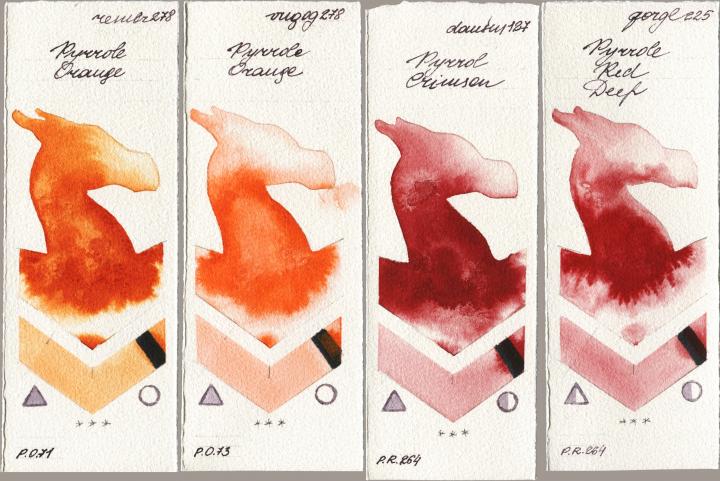 Royal Talens Rembrandt Watercolour 278 Pyrrole Orange vs Royal Talens Van Gogh Watercolour 278 Pyrrole Orange vs Daniel Smith 127 Pyrrol Crimson vs Golden QOR 225 Pyrrole Red Deep watercolor swatch
