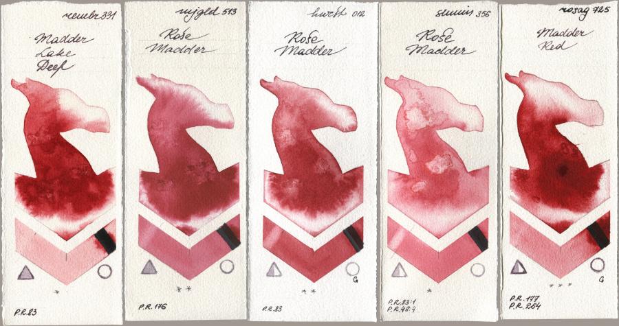 Royal Talens Rembrandt Watercolour 331 Madder Lake Deep, Mijello Mission Gold 513 Rose Madder, Holbein Artists Watercolor 012 Rose Madder, Shminke Horadam Aquarell 356 Rose Madder, Rosa Gallery 725 Madder R watercolor swatch