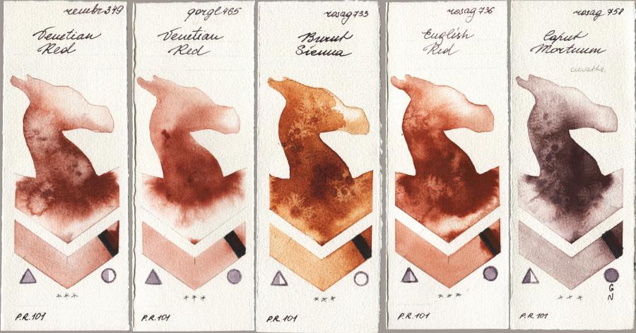 Royal Talens Rembrandt Watercolour 349 Venerian Red vs Golden QOR 465 Venetian Red vs Rosa Gallery 733 Burnt Sienna vs 736 English Red vs 758 Caput Mortuum watercolor swatch