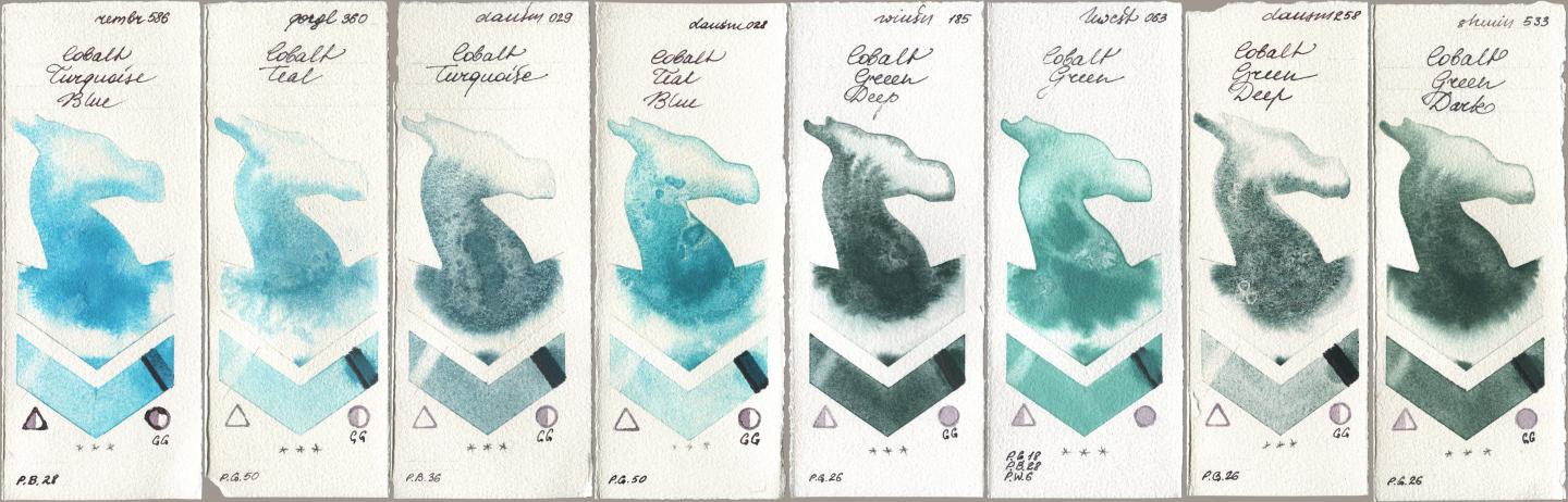 Royal Talens Rembrandt Watercolour 586 Cobalt Turquoise Blue, Golden QOR 360 Cobalt Teal, Daniel Smith 029 Cobalt Turquoise, 028 Cobalt Teal Blue, Winsor & Newton Professional 185 Cobalt Green Deep, Holbein Artists Watercolor 063 Cobalt Green, 258 Cobalt Green Deep, Shminke Horadam Aquarell 533 Cobalt Green Da watercolor swatch