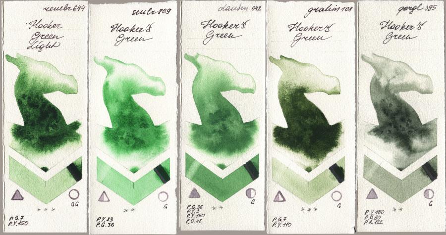 Royal Talens Rembrandt Watercolour 644 Hooker Green Light, Sennelier l Aquarelle 809 Hookers Green, Daniel Smith 042 Hookers Green, M. Graham & Co. Artists 108 Hookers Green, Golden QOR 395 Hookers Gre watercolor swatch