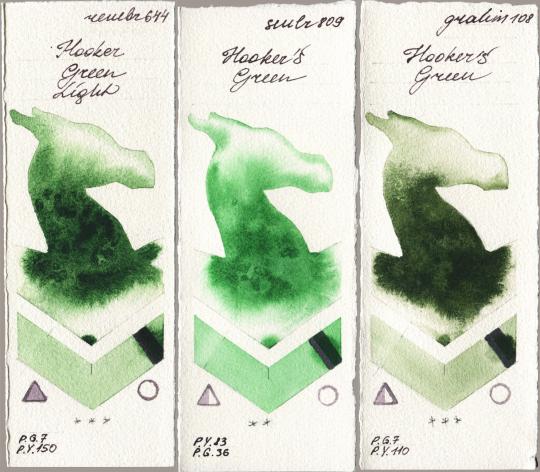 Royal Talens Rembrandt Watercolour 644 Hooker Green Light vs Sennelier l Aquarelle 809 Hookers Green vs M. Graham & Co. Artists 108 Hookers Green watercolor swatch