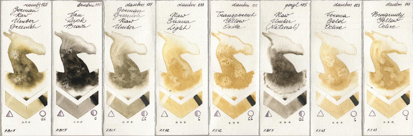 Roman Szmal Aquarius 125 German Raw Umber Greenish, Daniel Smith 110 Van Dyck Brown, 121 German Greenish Raw Umber, 233 Raw Sienna Light, 131 Transparent Yellow Oxide, Golden QOR 485 Raw Umber (Natural), 123 Verona Gold Ochre, 147 Burgundy Yellow Och watercolor swatch