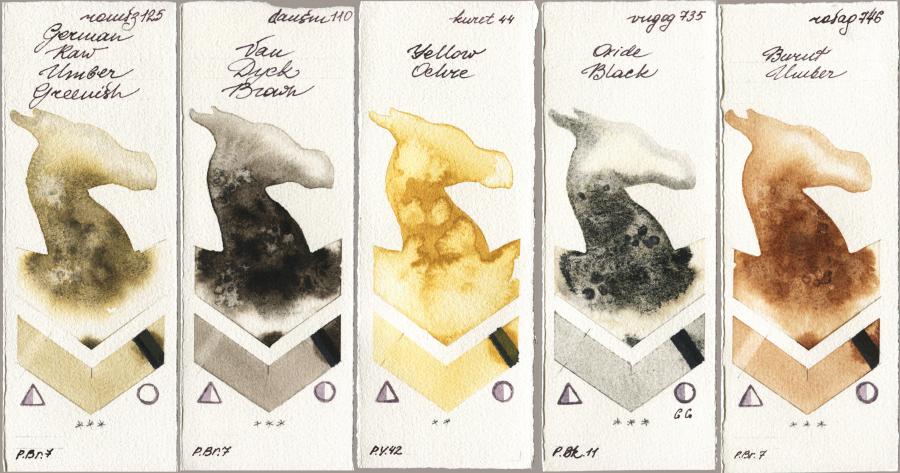 Roman Szmal Aquarius 125 German Raw Umber Greenish vs Daniel Smith 110 Van Dyck Brown vs Kuretake Gansai Tambi 044 Yellow Ochre vs Royal Talens Van Gogh Watercolour 735 Oxide Black vs Rosa Gallery 746 Burnt Umber watercolor swatch