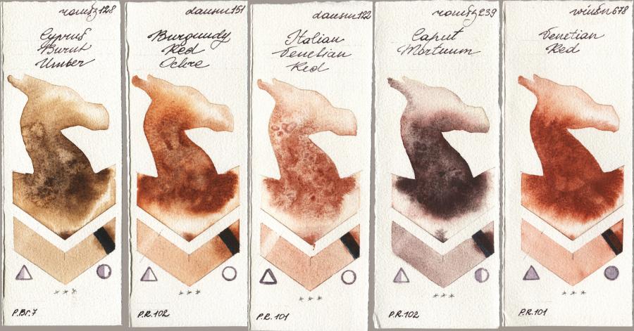 Roman Szmal Aquarius 128 Cyprus Burnt Umber vs Daniel Smith 151 Burgundy Red Ochre vs 122 Italian Venetian Red vs 239 Caput Mortuum vs Winsor & Newton Professional 678 Venetian Red watercolor swatch