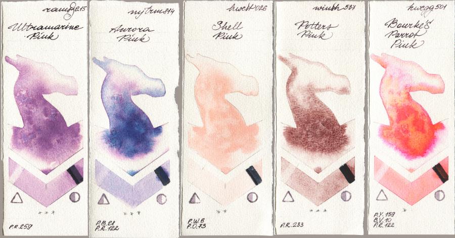 Roman Szmal Aquarius 215 Ultramarine Pink vs Mijello Mission Gold 814 Aurora Pink vs Holbein Artists Watercolor 026 Shell Pink vs Winsor & Newton Professional 537 Potters Pink vs 501 Bourkes Parrot Pink watercolor swatch