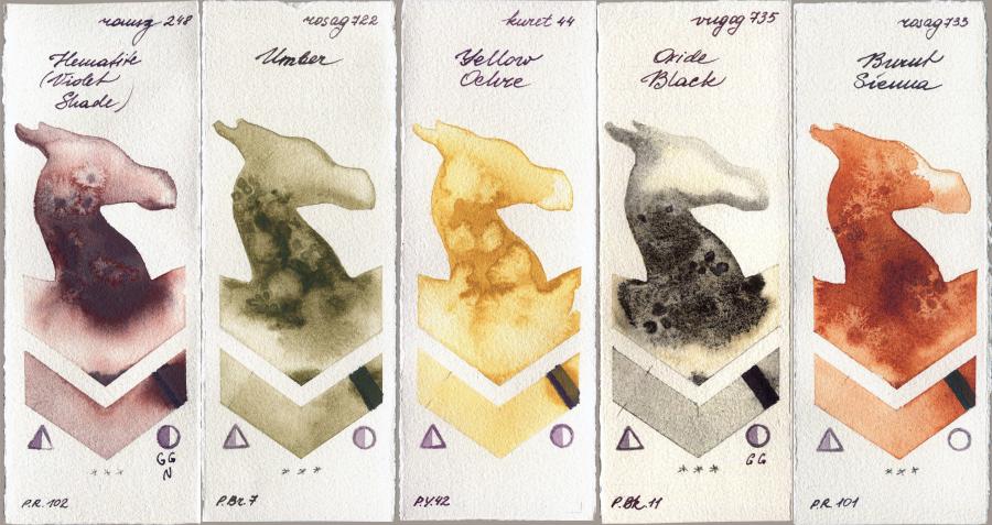 Roman Szmal Aquarius 248 Hematite (Violet Shade) vs Rosa Gallery 722 Umber vs Kuretake Gansai Tambi 44 Yellow Ochre vs Royal Talens Van Gogh Watercolour 735 Oxide Black vs 733 Burnt Sienna watercolor swatch