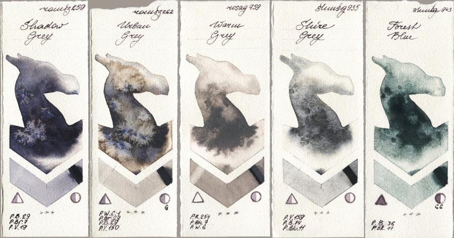 Roman Szmal Aquarius 259 Shadow Grey vs 262 Urban Grey vs Rosa Gallery 759 Warm Grey vs Shminke Horadam Aquarell 935 Shire Grey vs 943 Forest Blue watercolor swatch