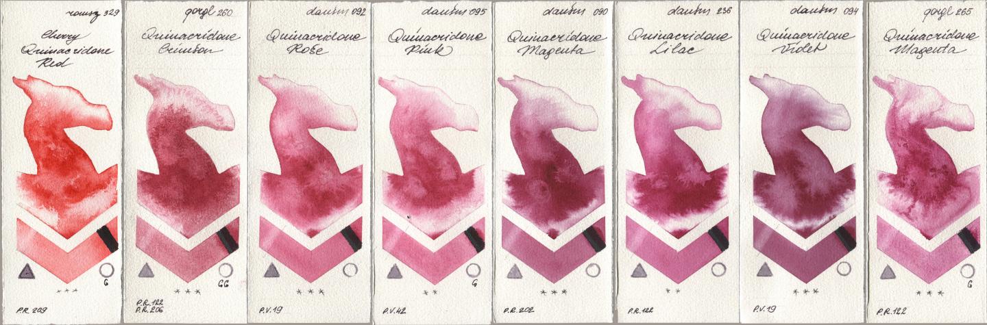 Roman Szmal Aquarius 329 Cherry Quinacridone Red, Golden QOR 260 Quinacridone Crimson, Daniel Smith 092 Quinacridone Rose, 095 Quinacridone Pink, 090 Quinacridone Magenta, 236 Quinacridone Lilac, 094 Quinacridone Violet, 265 Quinacridone Magen watercolor swatch