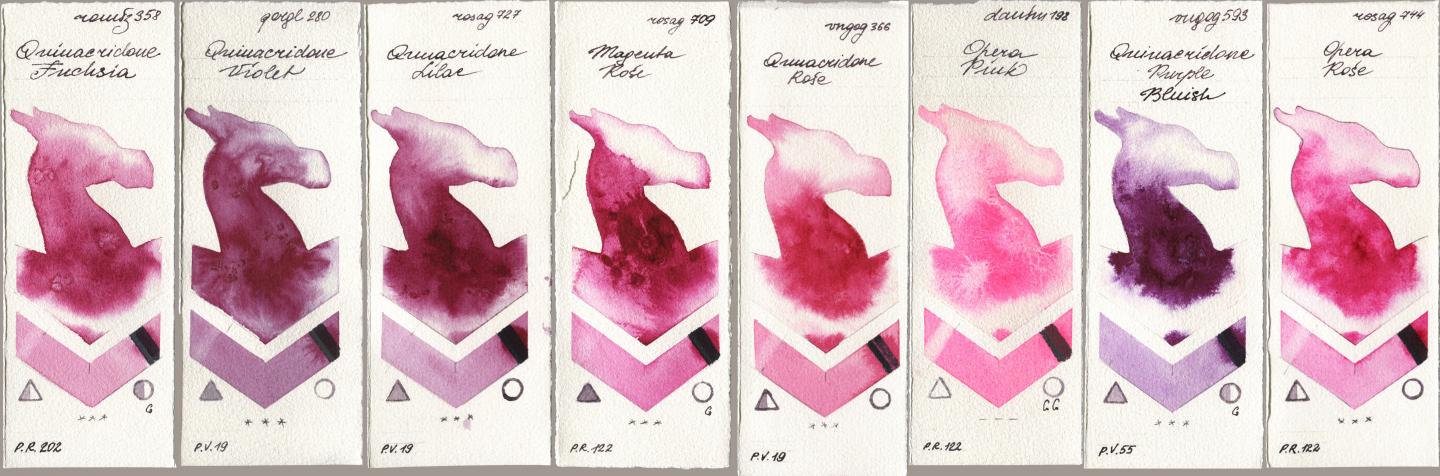 Roman Szmal Aquarius 358 Quinacridone Fuchsia, Golden QOR 280 Quinacridone Violet, Rosa Gallery 727 Quinacridone Lilac, 709 Magenta Rose, Royal Talens Van Gogh Watercolour 366 Quinacridone Rose, Daniel Smith 198 Opera Pink, 593 Quinacridone Purple Bluish, 744 Opera Ro watercolor swatch