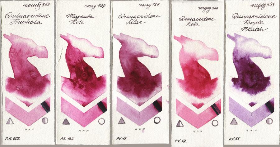 Roman Szmal Aquarius 358 Quinacridone Fuchsia vs Rosa Gallery 709 Magenta Rose vs 727 Quinacridone Lilac vs Royal Talens Van Gogh Watercolour 366 Quinacridone Rose vs 593 Quinacridone Purple Bluish watercolor swatch