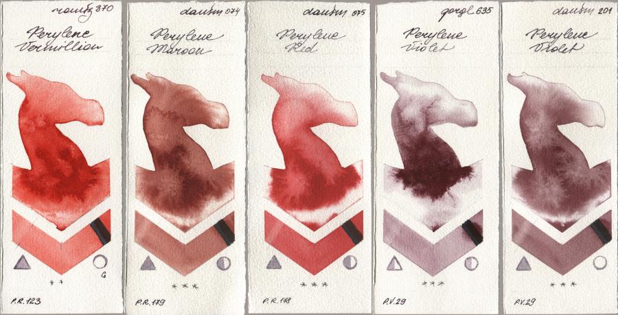 Roman Szmal Aquarius 370 Perylene Vermillion, Daniel Smith 074 Perylene Maroon, 075 Perylene Red, Golden QOR 635 Perylene Violet, 201 Perylene Viol watercolor swatch