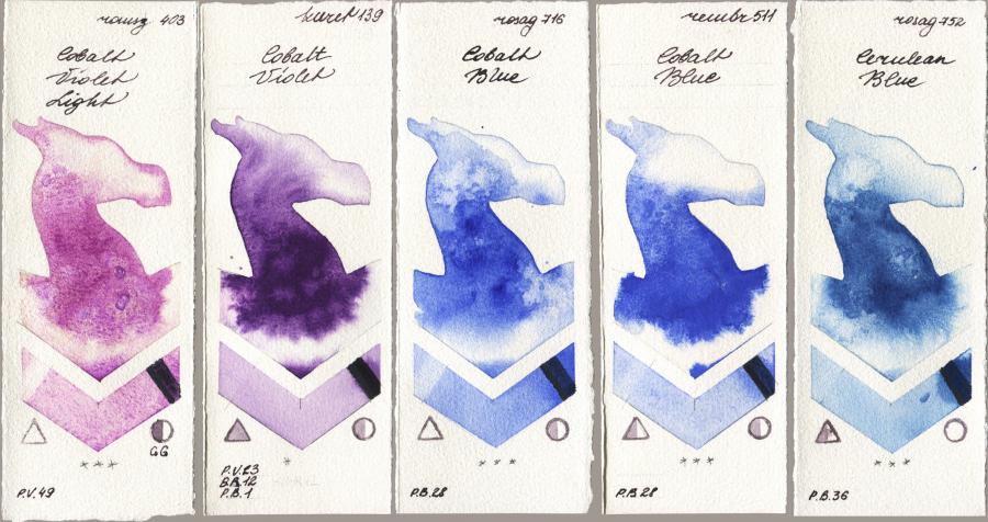 Roman Szmal Aquarius 403 Cobalt Violet Light vs Kuretake Gansai Tambi 139 Cobalt Violet vs Rosa Gallery 716 Cobalt Blue vs Royal Talens Rembrandt Watercolour 511 Cobalt Blue vs 752 Cerulean Blue watercolor swatch