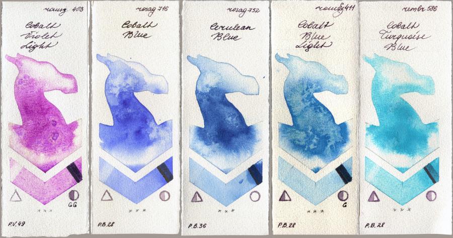 Roman Szmal Aquarius 403 Cobalt Violet Light vs Rosa Gallery 716 Cobalt Blue vs 752 Cerulean Blue vs 411 Cobalt Blue Light vs Royal Talens Rembrandt Watercolour 586 Cobalt Turquoise Blue watercolor swatch