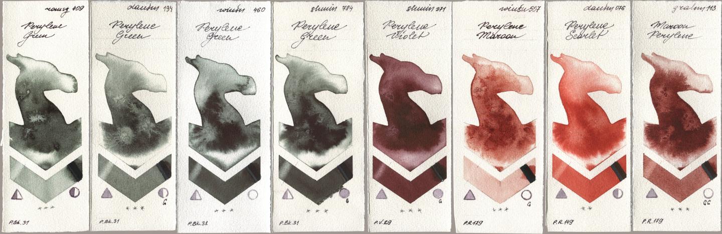 Roman Szmal Aquarius 409 Perylene Green, Daniel Smith 194 Perylene Green, Winsor & Newton Professional 460 Perylene Green, Shminke Horadam Aquarell 784 Perylene Green, 371 Perylene Violet, 507 Perylene Maroon, 076 Perylene Scarlet, M. Graham & Co. Artists 113 Maroon Peryle watercolor swatch
